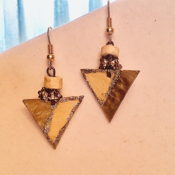 Artisan Crafted Hammered Brass Triangle Earrings - Picture 3 of 6